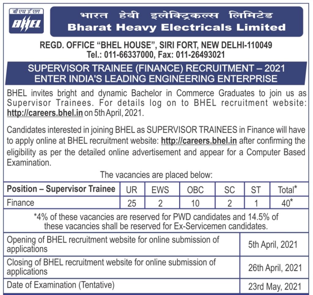 BHEL Jobs: Recruitment Of Fresh Graduates As Supervisor Trainees By ...