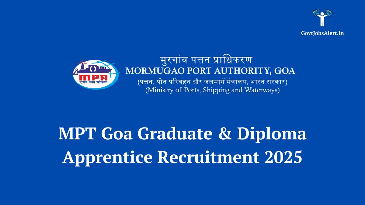 Logo of mormugao port authority (mpa) with text overlay announcing mpt goa graduate & diploma apprentice recruitment 2025 for 59 vacancies.