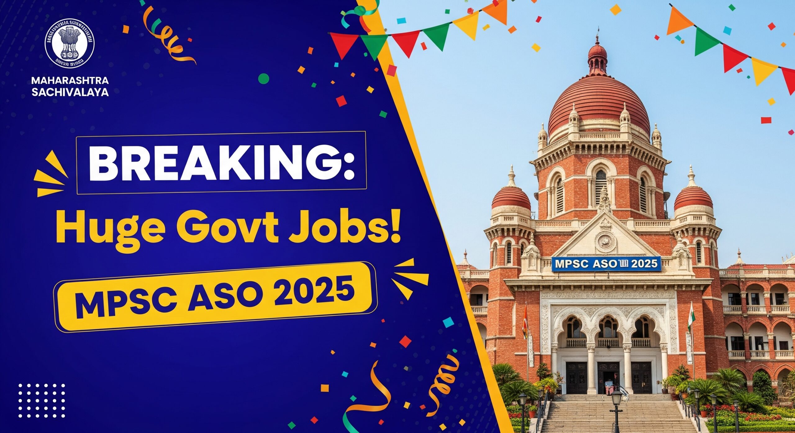 Mpsc aso recruitment 2025 announcement with text "breaking: huge govt jobs! " and maharashtra sachivalaya in background, signifying a major government job opportunity.