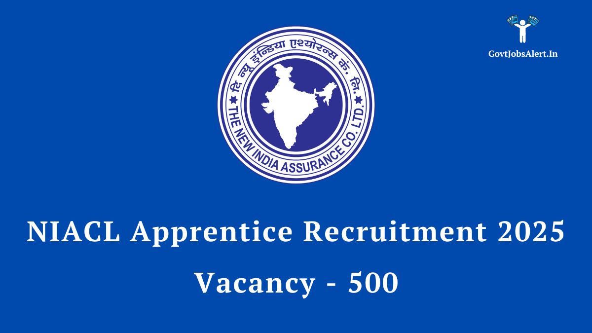 The new india assurance company limited (niacl) logo with text for the apprentice recruitment 2025, announcing 500 vacancies for fresh graduates.
