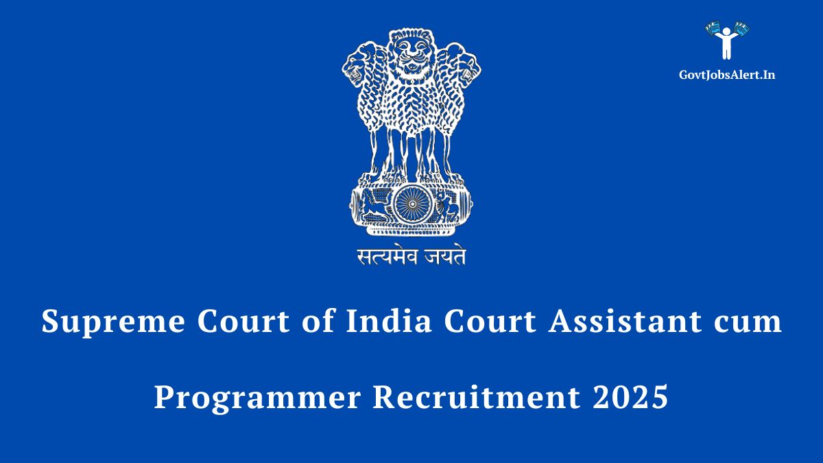 Supreme court of india building with text overlay: "supreme court of india recruitment 2025 for 26 court assistant cum programmer posts. Apply online. "