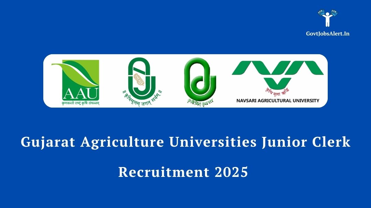 Gujarat agriculture universities junior clerk recruitment 2025 notification for 227 posts. Image features the logos of aau, jau, nau, and sdau.