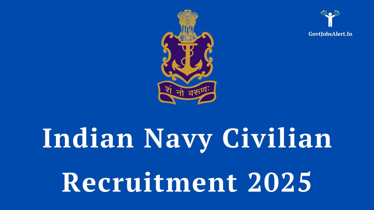 Indian navy logo on a naval ship background, announcing the indian navy civilian recruitment 2025 for 1100 group b and c posts.
