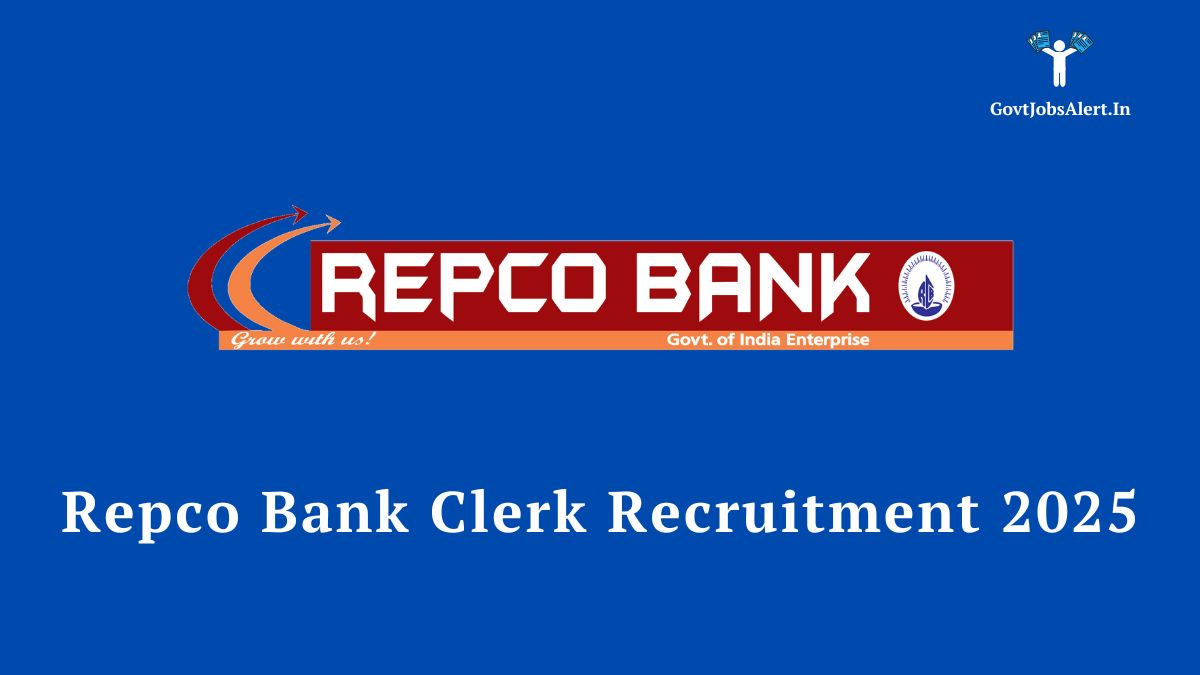 The official logo for repco bank on a blue background with the text "repco bank clerk recruitment 2025," announcing job vacancies for customer service associates.