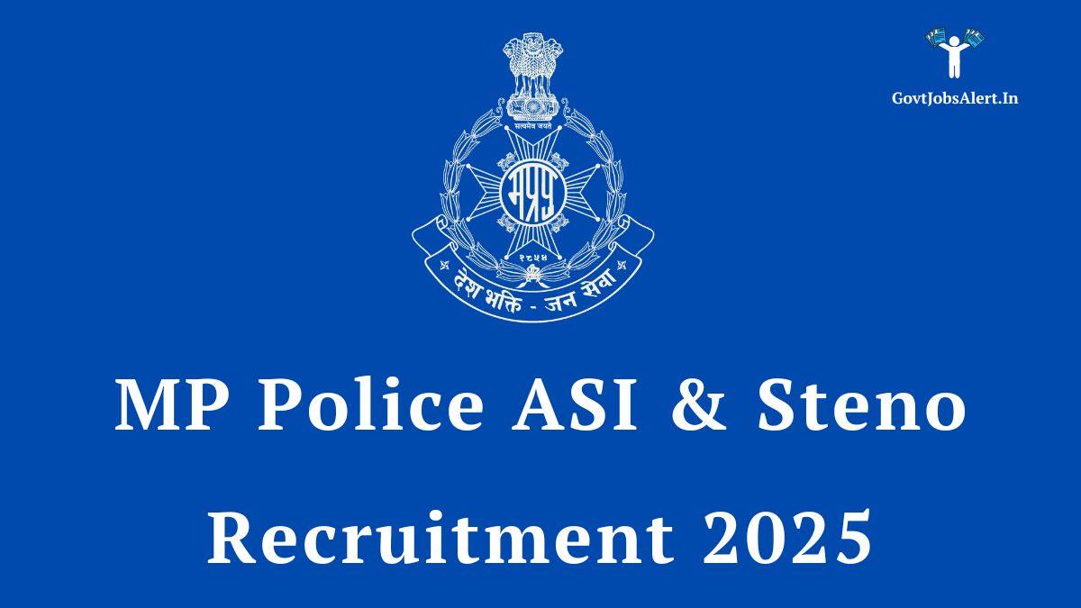 Mp police asi & steno recruitment 2025 official notification announcement featuring the madhya pradesh police logo on a blue background.